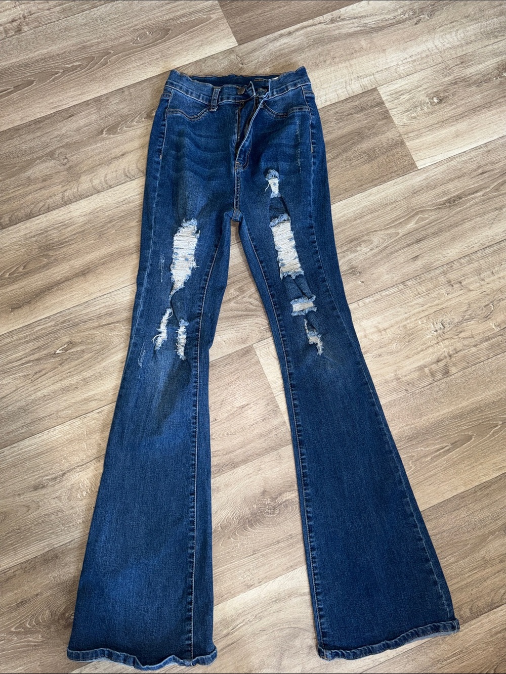 SHEIN Dark Blue Distressed Flare Jeans